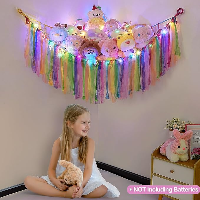 FIOBEE Stuffed Animals Net or Hammock with LED Light, Toy Hammock Hanging Stuffed Animals Storage Organizer Holder Room Décor for Nursery Kids Bedroom