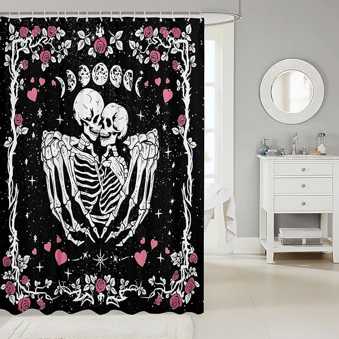 Happy Halloween Theme Shower Curtain,Bohemian Sun Moon Flower Decorative Bath Curtain,Romantic Skeleton Home Bathroom Decor Polyester Fabric Waterproof 72 x 84 Inches