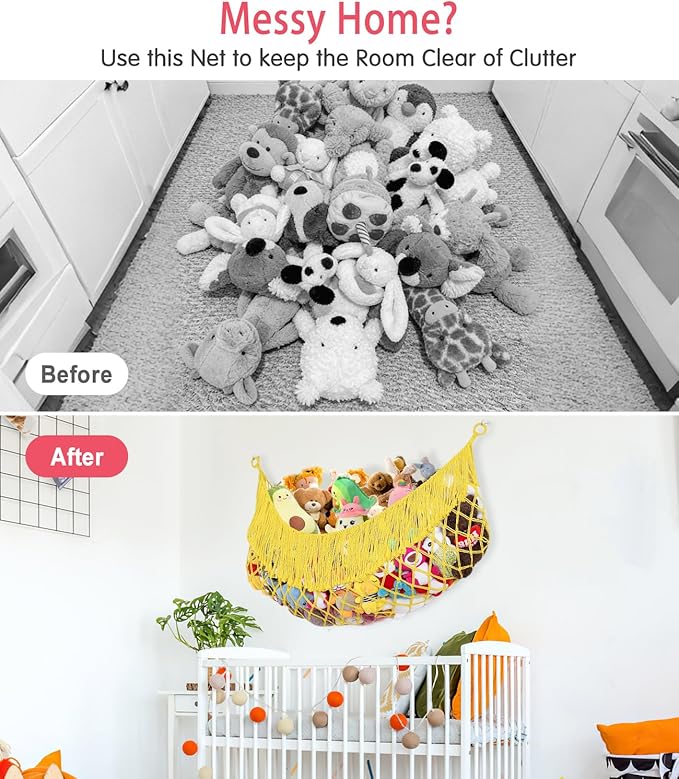 Stuffed Animal Hammock - Extra Large 63'' Long, Stuffed Animal Storage, stuffed animal Holder net, Hammock Large, Storage Hanging Organizer - Lemon yellow
