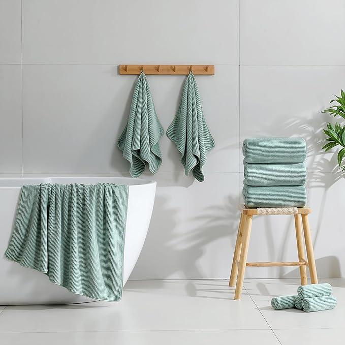 8-Piece Premium Towel Set for Bathroom|2 Oversized Large Bath Sheet,2 Hand Towels,4 Washcloths|Soft Cozy Highly Absorbent Fast Dry Microfiber Shower Towel Set for Hotel Bathroom Essentials,Green