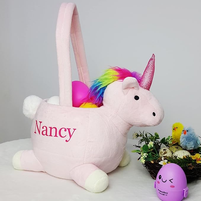 DearSun Personalized Easter Egg Hunting Basket 3D Pink Unicorn Basket Candy Gift Bucket with Embroidery Name (Pink Unicorn with Customization)