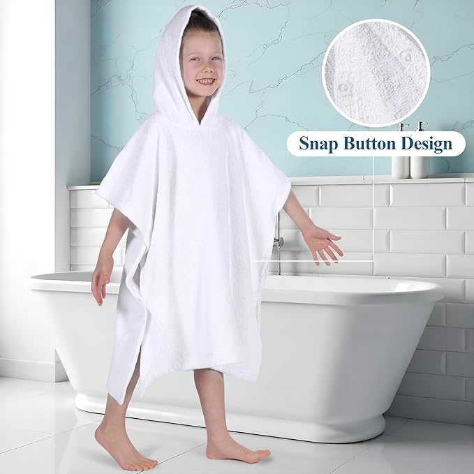 Superior Kids Cotton Terry Poncho, Soft, Absorbent Bath Towel with Hood, Bathroom Accessories, Long, Plush Bathrobes for Bath, Shower, Spa, Resort, Hotel, Beach, Pool, Boy, Girl, Large Size, White