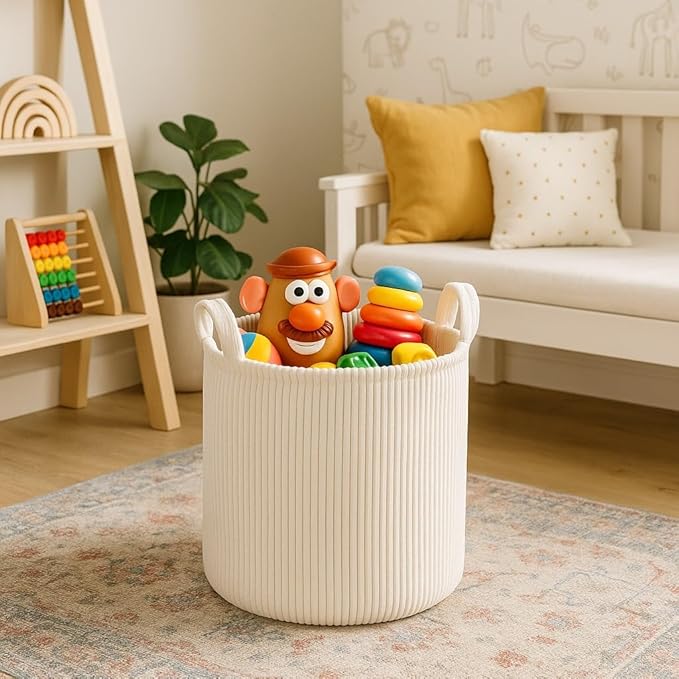 PUTSKA Blanket Basket – Round Storage for Toys and Blankets, Clothes, Stuffed Animals – Soft Baby Basket for Nursery, Kids Room, Bedroom, Living Room – Large, Cream