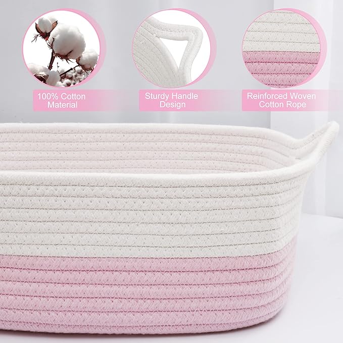 ABenkle Small Storage Basket with Handles, Cotton Rope Woven Dog Cat Toy Bin, Decorative Shelves Closet Organizing for Nursery Laundry Bedroom Bathroom, 14.2''x 11''x 5.1''