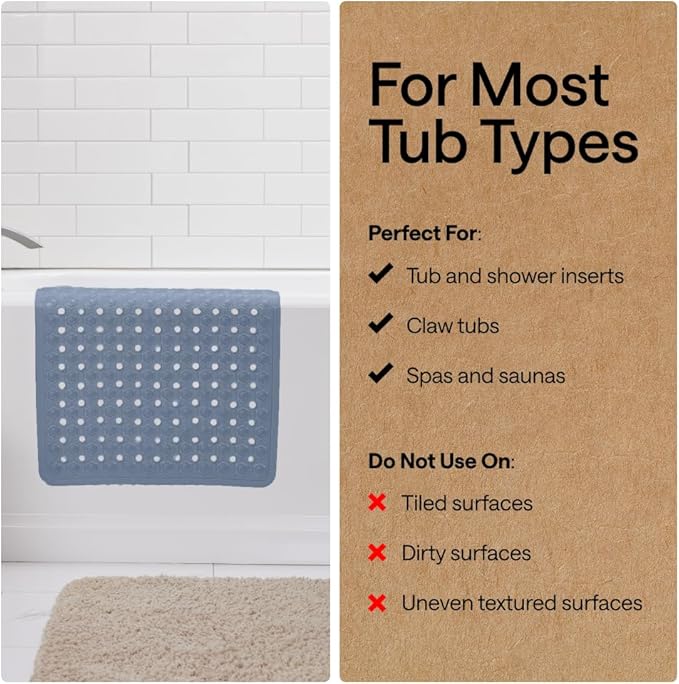 GORILLA GRIP Patented Bath Tub Shower Mat, Machine Washable Bathtub Floor Liner Mats, Suction Cups and Drain Holes to Keep Tubs Clean, Soft on Feet, Bathroom Essentials, 35x16 Inch, Sky Blue Opaque