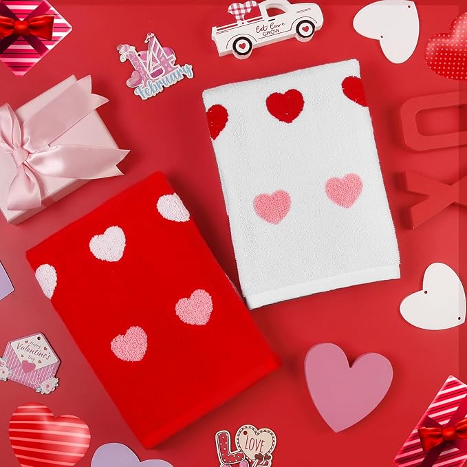 2 Pack Valentine's Day Hand Towels Red White Pink Heart 3D Embroidered Farmhouse Bathroom Decorative Towels Set for Drying, Cleaning, Cooking, Holiday 13.7'' x 29.5''