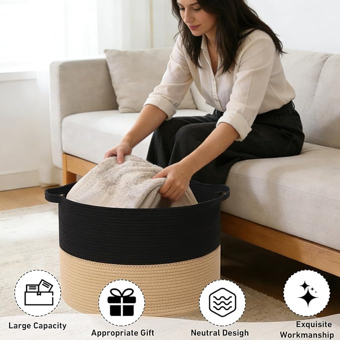 115L Large Blanket Basket,23.6" L x 23.6" W x 15.7" H Rope Woven Baskets with Handles, Toys Storage Bins,Laundry Basket Perfect for Living Room, Nursery,Bedroom,Home Organization,Black&Camel