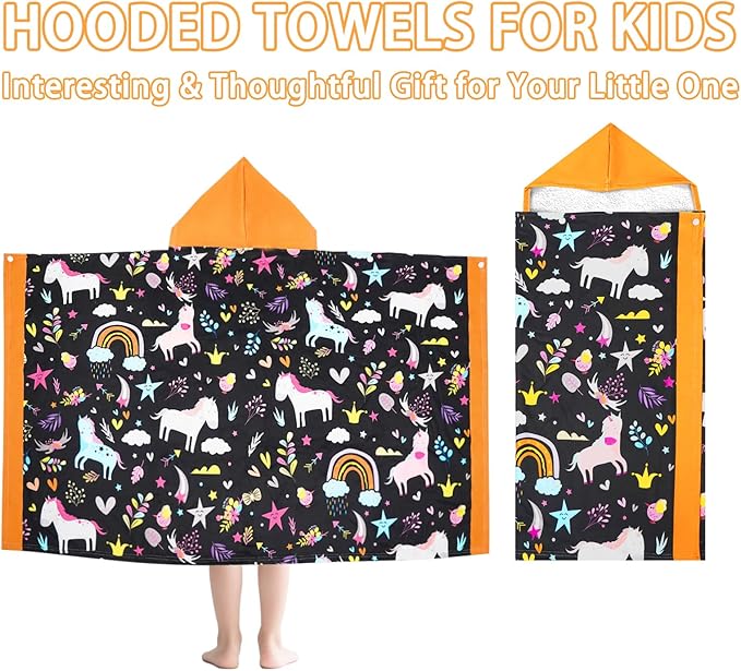 Hooded Poncho Towels for Kids 3-10 Years-Soft Thick Cotton Floral Unicorn Toddler Hood Bath Towels/Pool Terry Towel Beach Wrap Absorbent Cute Bath & Swim Wrap Gift for Boys & Girls-Black