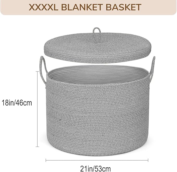 21" x 18" Extra Large storage baskets,Decorative blanket basket with lid for Living room,rope baskets with lid,wicker hamper for bedroom,Big,Round,Grey