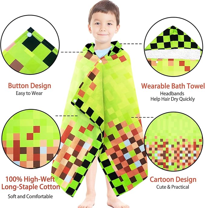 Hooded Towels for Kids- Ultra Soft 100% Cotton Game Style Toddler Hood Bath Towels/Pool Terry Towel Beach Poncho Wrap Absorbent Cute Bath & Swim Wrap for Boys & Girls 3-10 Years - Green