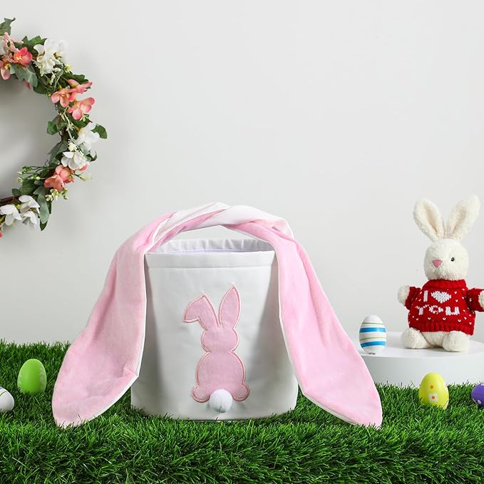 MONOBLANKS Easter Bunny Basket Bags Carrying Gift and Eggs Hunt Bag,Rabbit Canvas Toys Bucket Tote (A-Pink)