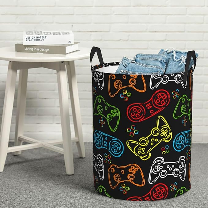 Game Joysticks Colorful Silhouettes Round Laundry Hamper Gaming Theme Storage Basket Toys Clothes Organizer Bin For Home Bathroom Bedroom Dorm Nursery, 62l