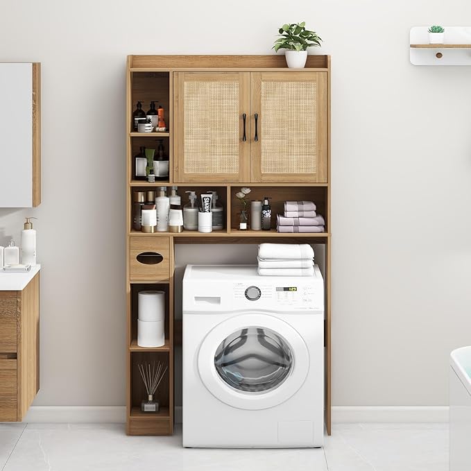 Farmhouse Rattan Storage Cabinet Over Toilet - 2 Door with Toilet Paper Holder - Space-Saving for Bathroom, Oak