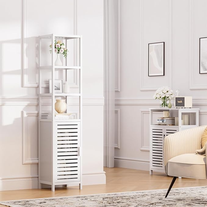 HITNET Bathroom Tall Cabinet, Floor Standing Bamboo Storage Cabinet with 6 Shelves and Shutter Door for Kitchen Living Room, White