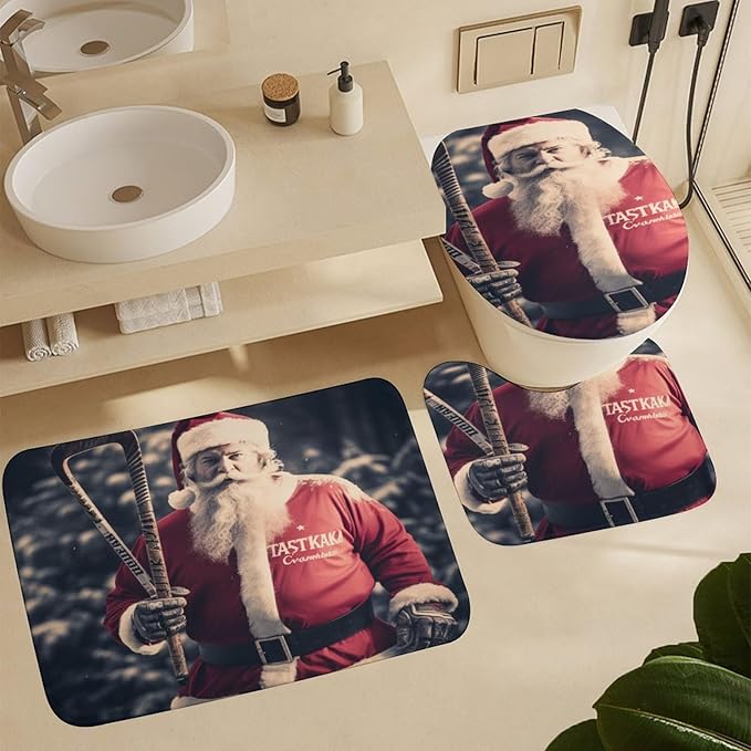 4 Pcs Shower Curtain Sets with Rugs Include Waterproof Shower Curtain Non-Slip Rug Toilet Lid Cover Bath Mat Santa Claus Playing Hockey Ice Skate Sport Waterproof Shower Curtain Sports Fan