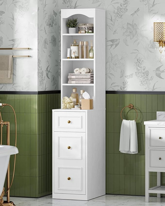 67" Tall Bathroom Storage Cabinet, L-Shaped 6-Tier Narrow Storage Cabinet with Adjustable Shelf, Slim Bathroom Storage Cabinet for Bathroom, Living Room, Home Office, Entryway, White