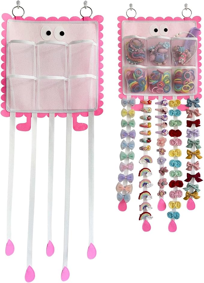Hanging Hair Clip Organizer with Multiple Storage Pockets, Hair Bow Holder for Girls, Barrettes and Scrunchies Storage Solution, Hair Accessories Organizer (Pink)