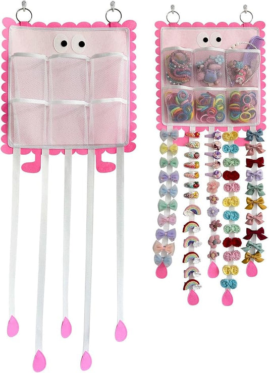 Hanging Hair Clip Organizer with Multiple Storage Pockets, Hair Bow Holder for Girls, Barrettes and Scrunchies Storage Solution, Hair Accessories Organizer (Pink)