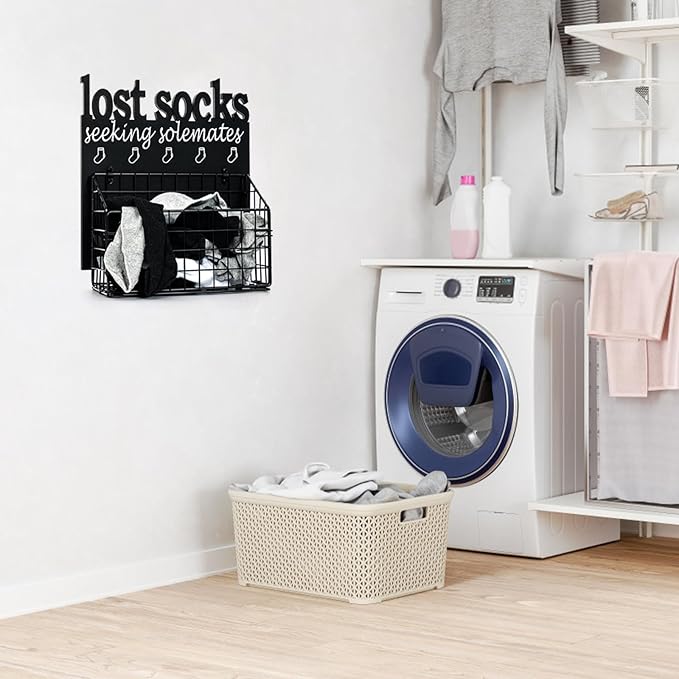 Lost Socks Basket for Laundry Room, Rustic Farmhouse Cutout Letters Organization, Home Wooden Decor And Accessories, Seeking Solemates Sign