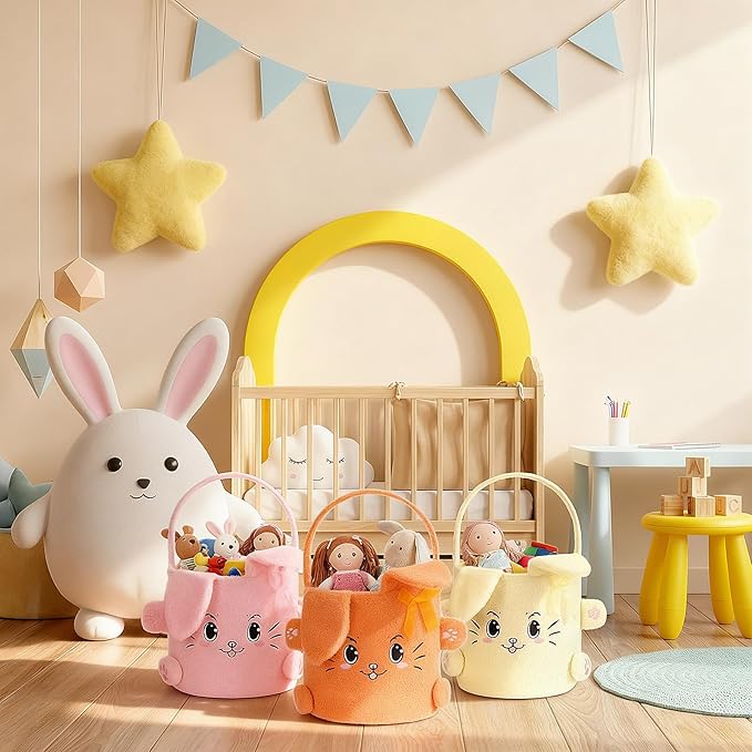 Mimorou 3 Pack Plush Bunny Easter Basket Sherpa Easter Bucket with Rabbit Ears Decorative Bow Large Bunny Tote Bags Ideal for Egg Hunt, Party Favors, Decorations & Storage (Orange Pink and Yellow)