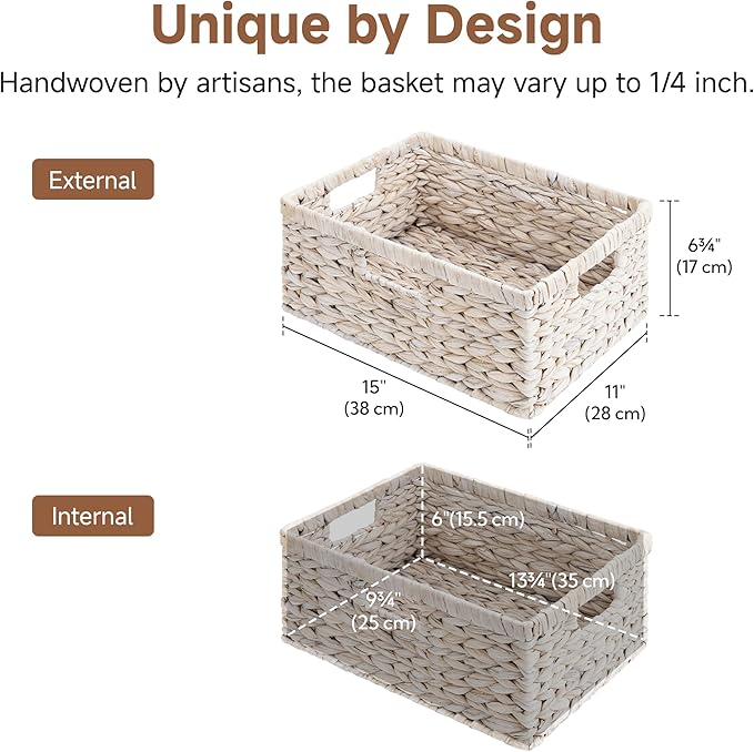 StorageWorks Pantry Baskets, Wicker Storage Baskets for Organizing, Bathroom Shelves, Pantry Organizers and Storage, Water Hyacinth, White