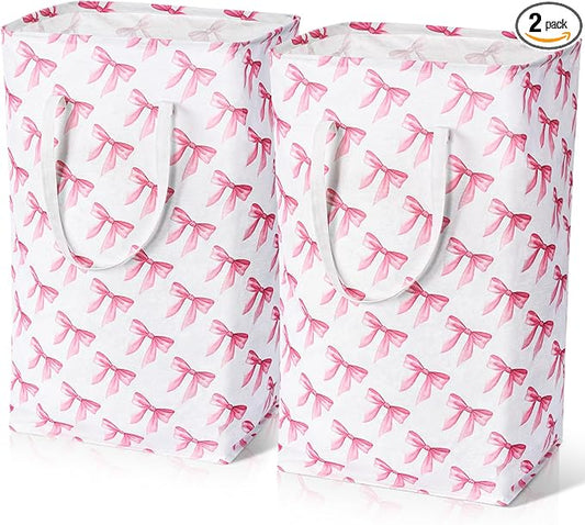 Leinuosen 2 Pcs Bow Pink Laundry Basket Pink Laundry Hamper Large Collapsible Bow Storage Baskets Cute Nursery Clothes Waterproof Hamper Room Organization for Bedroom Decor(Pastel)