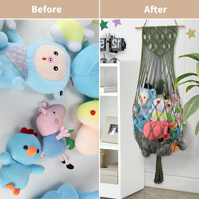 Stuffed Animal Storage, 63'' Jumbo Stuffed Animal Hammock Corner Wall Ceiling Over Door Hanging Toy Hammock Organizer, Avocado Green Toy Net w/ Boho Tassels Star Light for Nursery Boys Girls
