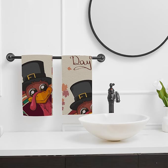 Happy Thanksgiving Bathroom Hand Towel Set of 2,Fall Thanksgiving Turkey Fingertip Kitchen Hand Towel,Soft Absorbent Decorative for Hotel Gym Yoga Home Decor 28"x14"