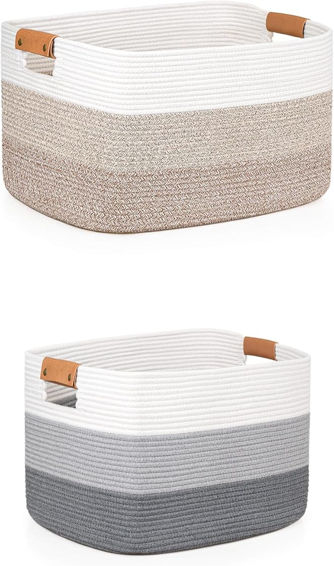 danpinera Large Woven Basket 72L+50L Rectangle Toy Storage Basket for Living Room, Nursery & Laundry, Large Cotton Rope Basket with Leather Handle, Gradient Gray&Brown
