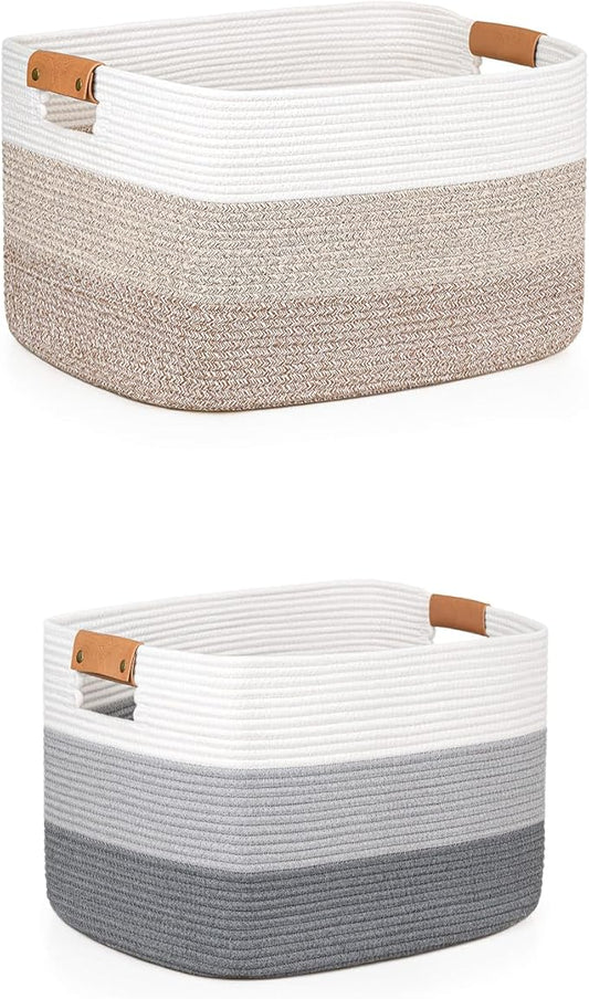danpinera Large Woven Basket 72L+50L Rectangle Toy Storage Basket for Living Room, Nursery & Laundry, Large Cotton Rope Basket with Leather Handle, Gradient Gray&Brown