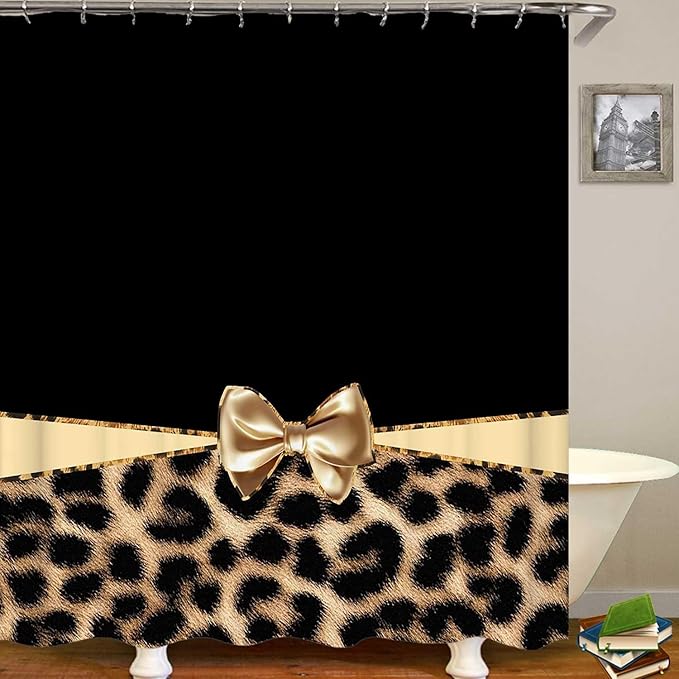 4PCS Leopard Print Shower Curtain Sets With Rugs, Waterproof Fabric Black Shower Curtain, Girly Golden Ribbon Bow Bowknot Cat Cheetah Print Safari Animal Skin Modern Women Girls Bathroom Decor