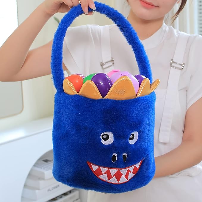 DearSun Exquisite Embroidery ! Personalized Plush Dinosaur Basket Easter Egg Hunting Basket with Embroidery Name (Blue Plush Dinosaur)
