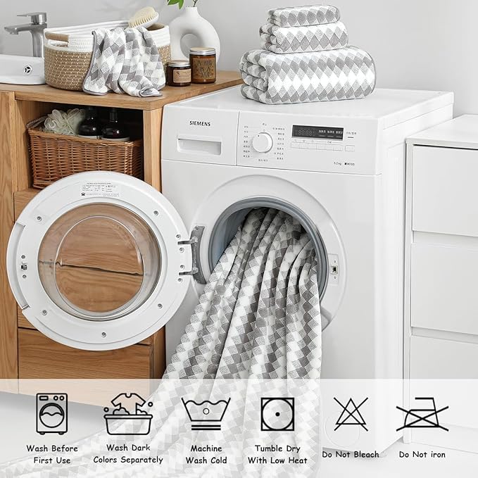 12 Pcs Light Gray Diamond Towel Set-4 Bath Towels,4 Hand Towels,4 Washcloths Soft Polyester Towels with Loop Absorbent Shower Towel Quick Dry Beach Chair Towel Family Towels for Bathroom Spa Gym Pool