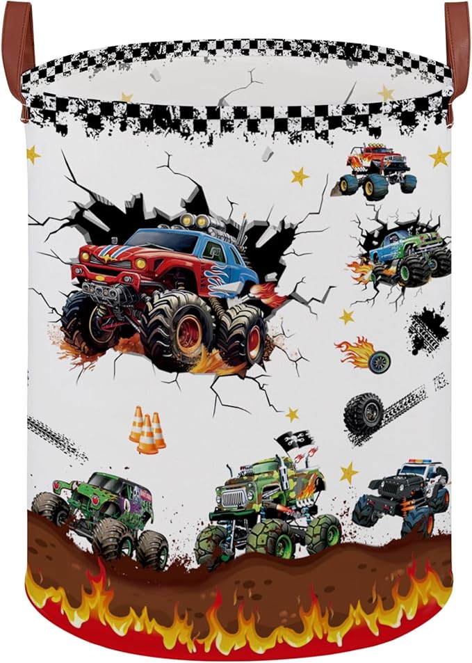 Monster Trucks Storage Basket Laundry Hamper,Collapsible Car Room Decor for Boys,Waterproof Monster Trucks Valentine's Day Gift Bag,45L Large Clothes Towel Toy Book Nursery Hamper(Round)
