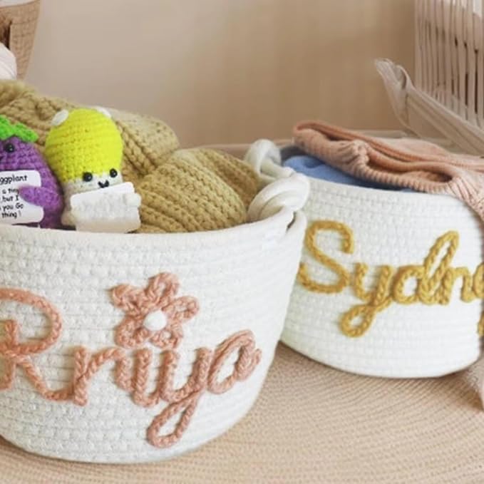 Personalized Baby Shower Basket, Handmade Cotton Rope Baby Gift Basket, Custom Baby Toy BasketS(S-19X12X27CM)