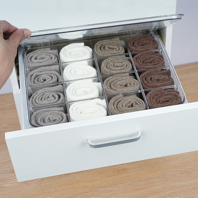 2-Pack Acrylic Sock and Underwear Organizer with Blank Label, Clear Plastic Organization and Storage Bins with Lid and Removable Dividers, Storage Box for Closet