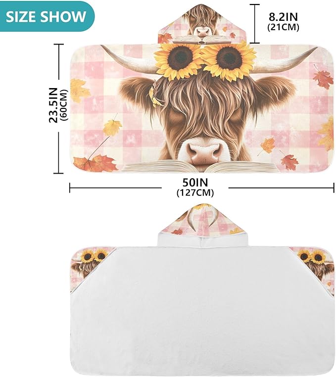 A Highland Cow with Sunflowers Hooded Beach Towel for Kids, Kids Bath Hooded Towels for Boys Girls, Super Soft Absorbent Bathrobe with Hood for Swin Pool 50"x23.5"