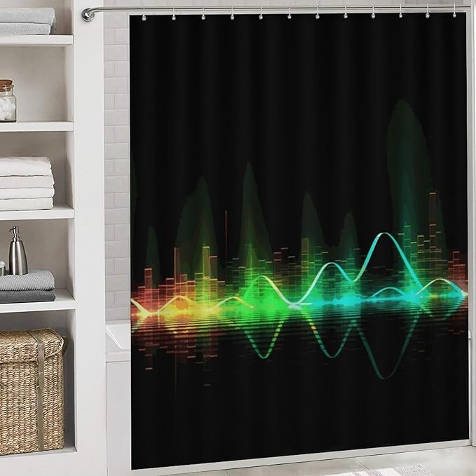 4 Piece Bathroom Rug Set with Shower Curtain, Non-Slip Bath Mat Toilet Cover Set, Cool Music Sound Wave Bathroom Rug Sets