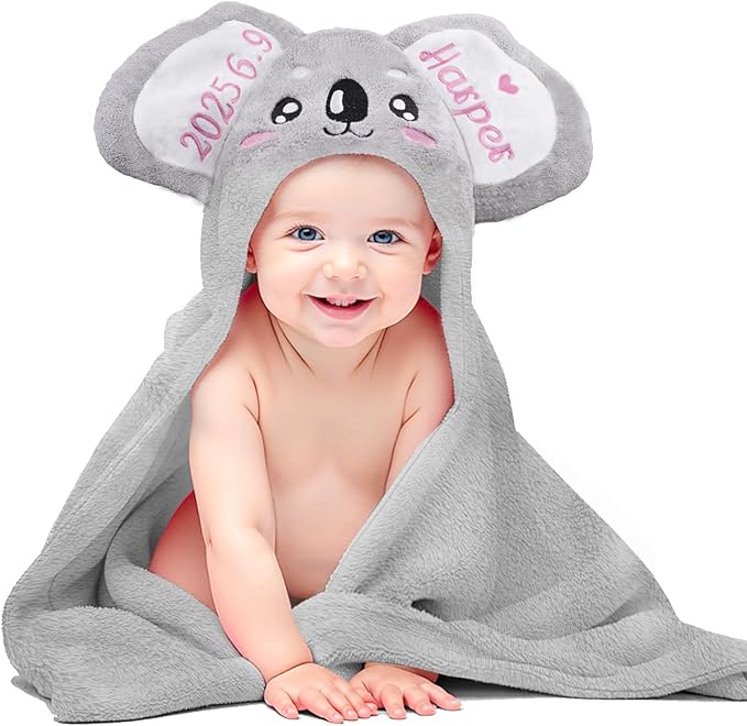 Baosity Custom Hooded Baby Towel with Name, Soft and Absorbent Customized Koala Toddler Towels, Baby Bath Towel for Boys and Girls, Easter Birthday Towel for Kids，Babies, Toddlers, Newborns Essential