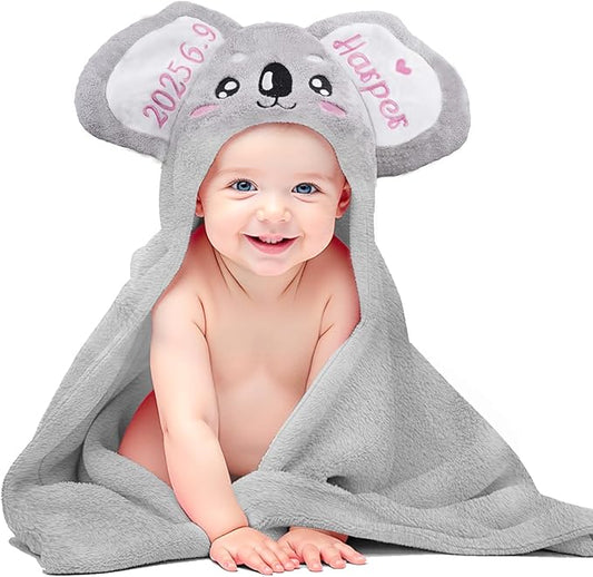 Baosity Custom Hooded Baby Towel with Name, Soft and Absorbent Customized Koala Toddler Towels, Baby Bath Towel for Boys and Girls, Easter Birthday Towel for Kids，Babies, Toddlers, Newborns Essential