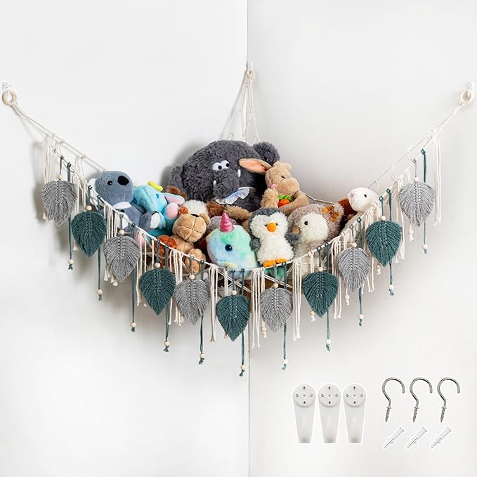 Pretty Jolly Macrame Stuffed Animal Hammock with Beads Hand Woven Leaf Tassels Corner Hanging Net Boho Plush Holder for Kid Room Nursery Decor Organizer for Girls Gift(Lightgray & Blue)