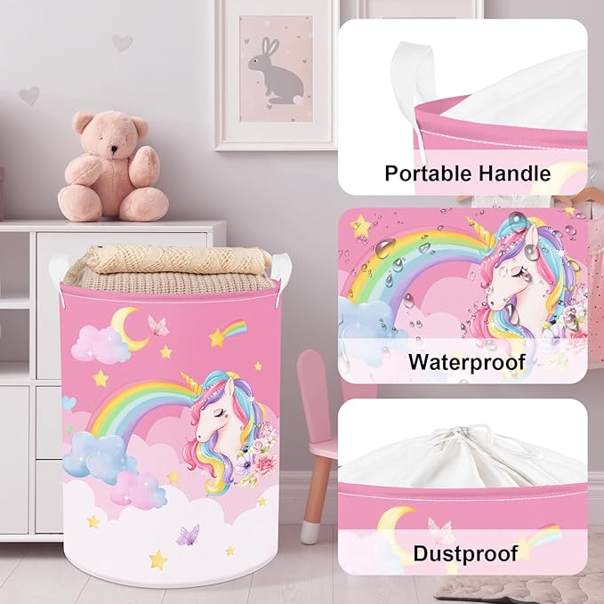 Clastyle 63L Unicorn Rainbow Collapsible Laundry Basket Large Pink Dirty Clothes Hamper for Girl Moon Star Flower Toy Storage Basket with Lid, 15.7x19.7 in