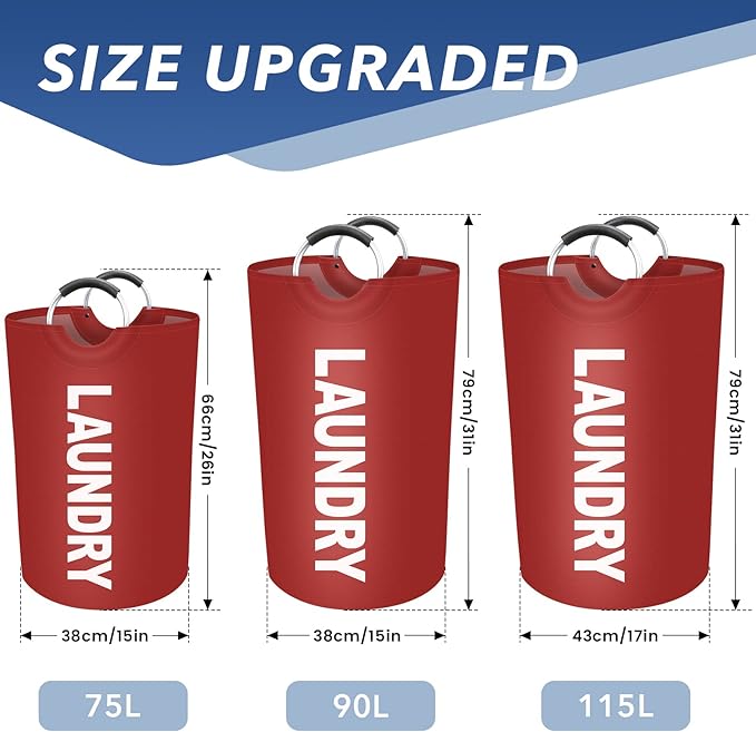 90L Large Laundry Basket, Freestanding Waterproof Laundry Hamper, Collapsible Folding Tall Clothes Hamper, Easy Carry with Foam Protected Aluminum Handles for Dorm, Family, Travel (Red)