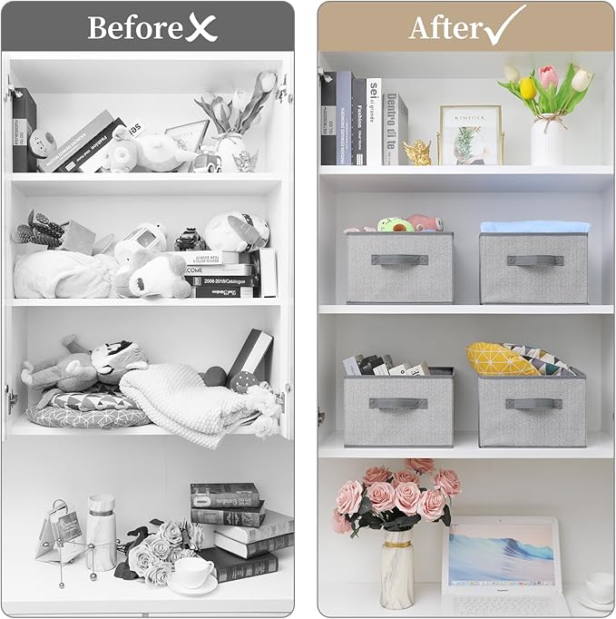 Storage Baskets, 11-Inch Woven Fabric Bins, Storage Cubes with Reinforced Handles, Organizer Bins for Closet Shelves, Foldable, for Toys, Clothes (4PCS/Grey-11*11*7.8inch)