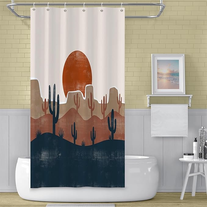 Abstract Mid Century Bohemian Bathroom Shower Curtain Desert Cactus Red Sun Curtain with Hooks, Waterproof Polyester Fabric, 36x72 Inch