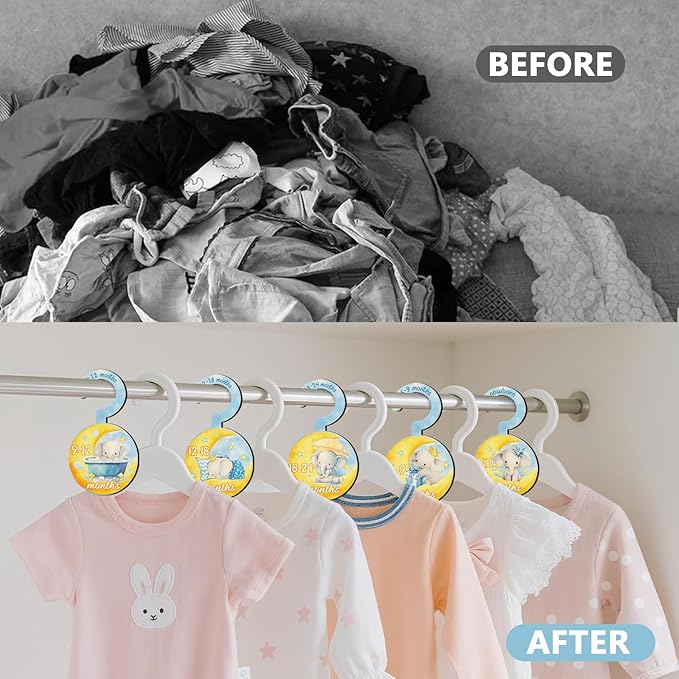 Baby Clothes Dividers for Closet - Set of 8 Wooden Baby Size Closet Dividers Newborn to 24 Months, Newborn Organizer for Boys & Girls - Adorable Moon Elephant Baby Nursery Decor Kit New Parents Gifts