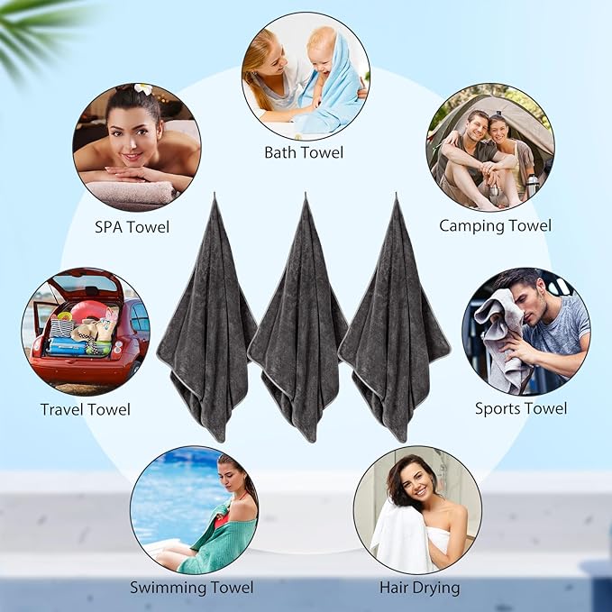 8 Pack Microfiber Bath Towels Bulk 27'' x 60'' Oversized Bath Towel Highly Absorbent Extra Large Shower Sheets Soft Drying for Beach Pool Bathroom Salon Party (Wheat,Dark Grey)