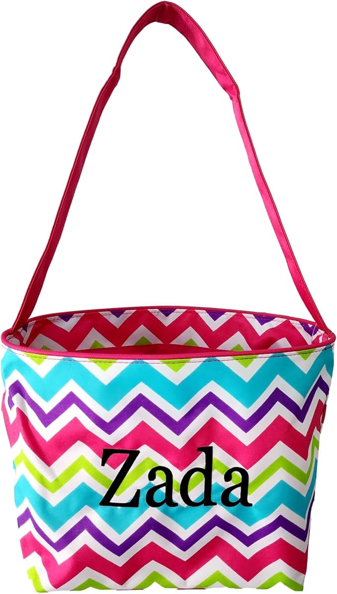 ZIg Zag Chevron Material Easter Basket Bucket for Toys Egg Hunting Party (Pink Chevron with Embroidered Name)