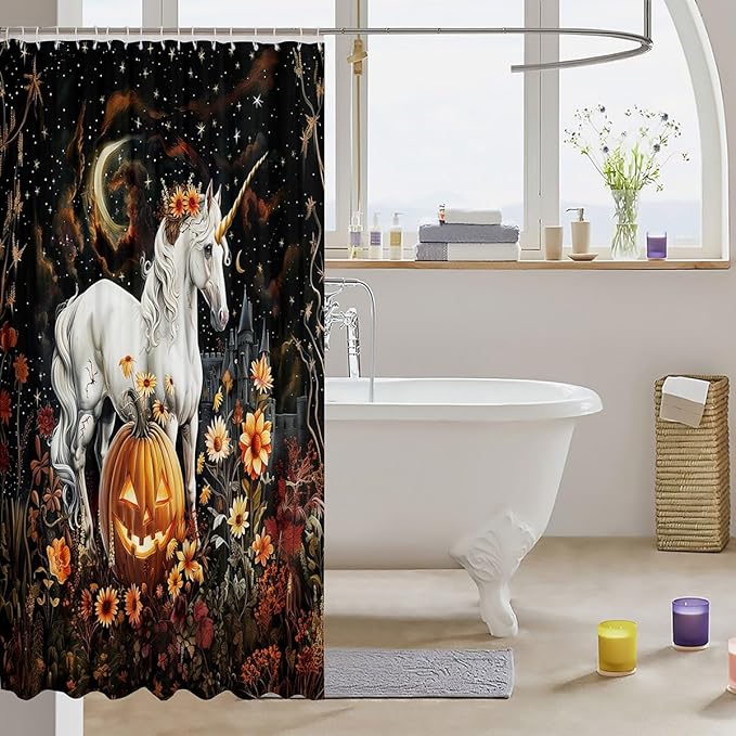 Halloween Theme Moon Starry Sky Waterproof Bath Curtains with 12 Hooks Suits for Bathtub,Flower Pumpkin Lantern Shower Curtains,Unicorn Bathroom Curtains,78 Inch Long