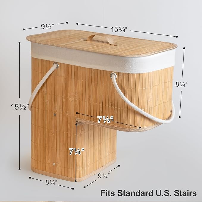 Stair Basket with Lid & Handle – Staircase Storage Basket for Wooden & Carpeted Stairs, Foldable Step Baskets for Stairs, Bamboo Storage Bin Organizer for Toys, shoes & Books (Natural Bamboo)